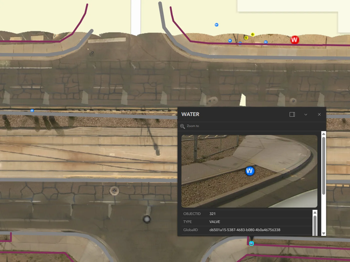 GeoCam network data in GIS — underground network with linked street-level imagery